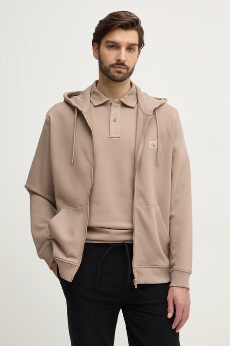 Хлопковая кофта Calvin Klein Jeans мужская цвет коричневый с капюшоном однотонная J30J326858
