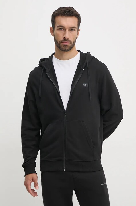 Calvin Klein Jeans hanorac de bumbac barbati, culoarea negru, cu glugă, neted, J30J326858