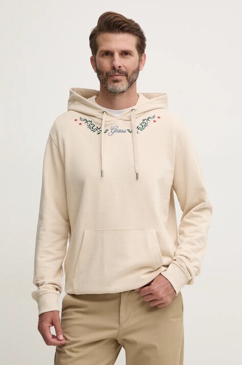 Guess hanorac de bumbac barbati, culoarea bej, cu glugă, cu imprimeu, M4BQ21.KCH01