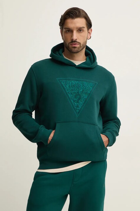 Guess bluza EMBROIDERED barbati, culoarea verde, cu glugă, cu imprimeu, M4BQ25.K9Z21