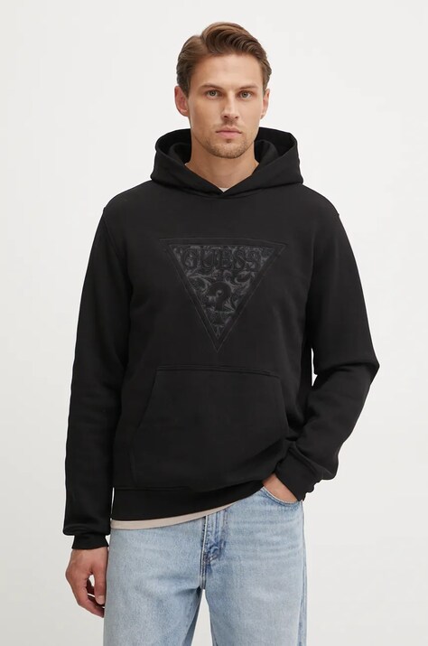 Guess bluza EMBROIDERED barbati, culoarea negru, cu glugă, cu imprimeu, M4BQ25.K9Z21
