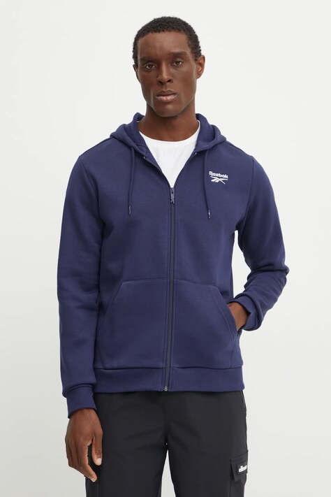 Reebok bluza barbati, culoarea albastru marin, cu glugă, neted, 100202861