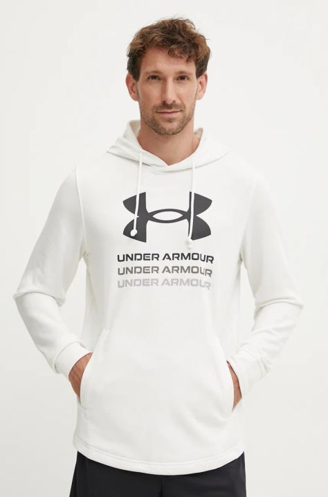 Pulover za vadbo Under Armour Rival bela barva, s kapuco, 1386047