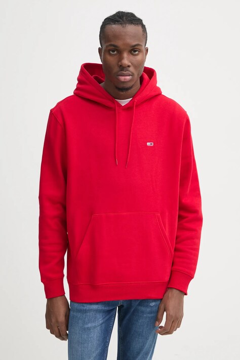 Mikina Tommy Jeans pánská, červená barva, s kapucí, hladká, DM0DM20742