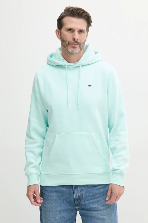 Mikina Tommy Jeans pánská, tyrkysová barva, s kapucí, hladká, DM0DM20742