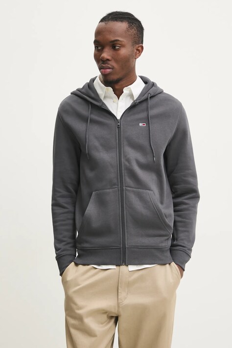 Суичър Tommy Jeans в сиво с качулка с изчистен дизайн DM0DM20743