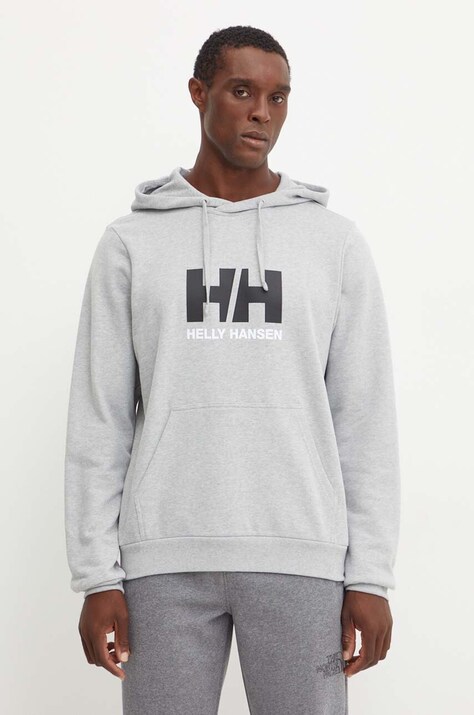 Helly Hansen hanorac de bumbac HH LOGO barbati, culoarea gri, cu glugă, cu imprimeu, 30394