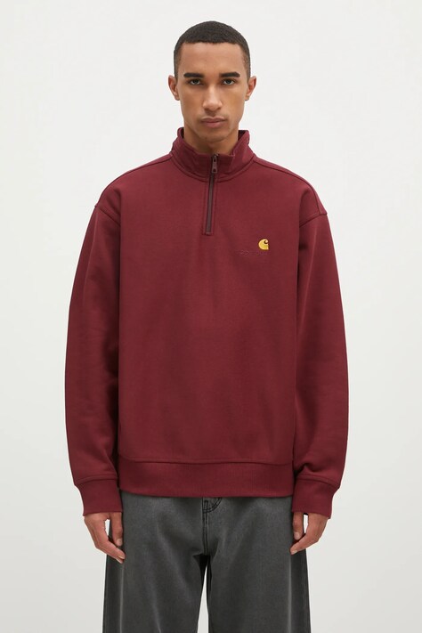 Carhartt WIP bluza Half Zip American Script Sweat barbati, culoarea bordo, neted, I027014.2BYXX