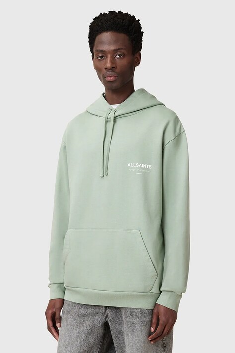 AllSaints bluza bawełniana UNDERGROUND męska kolor zielony z kapturem z nadrukiem M034NB