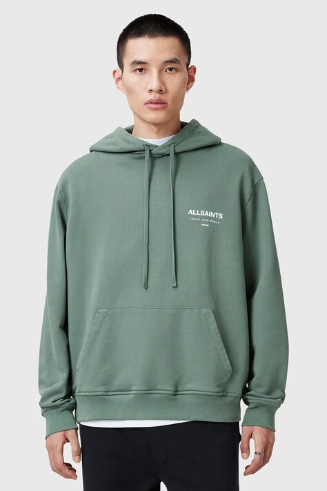 AllSaints hanorac de bumbac UNDERGROUND barbati, culoarea verde, cu glugă, cu imprimeu, M034NB