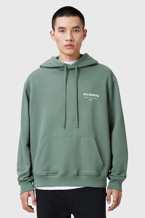 AllSaints bluza bawełniana UNDERGROUND męska kolor zielony z kapturem z nadrukiem M034NB