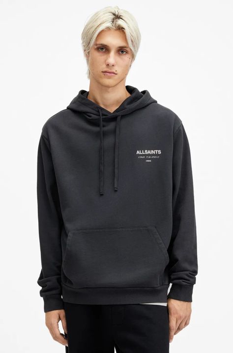 AllSaints hanorac de bumbac UNDERGROUND barbati, culoarea albastru marin, cu glugă, cu imprimeu, M034NB