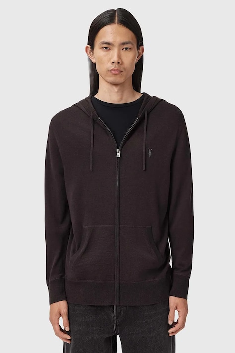 Вълнен суичър AllSaints MODE MERINO ZIP HOOD в черно с качулка с меланжов десен M084KB