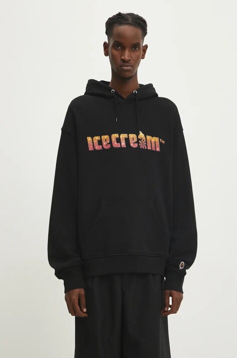 Bavlněná mikina ICECREAM Soft Serve Sparkle Popover Hood pánská, černá barva, s kapucí, s potiskem, IC24333