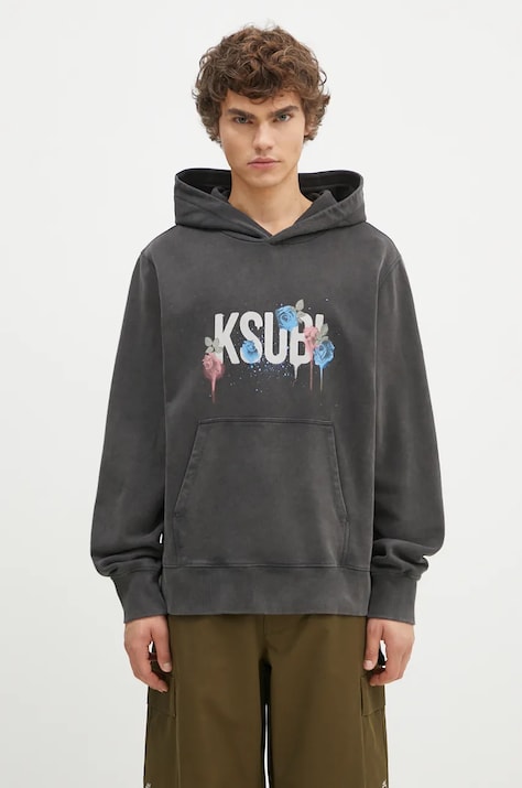 Bavlnená mikina KSUBI Graff Rose Kash Hoodie pánska, šedá farba, s kapucňou, s potlačou, MPF24FL010