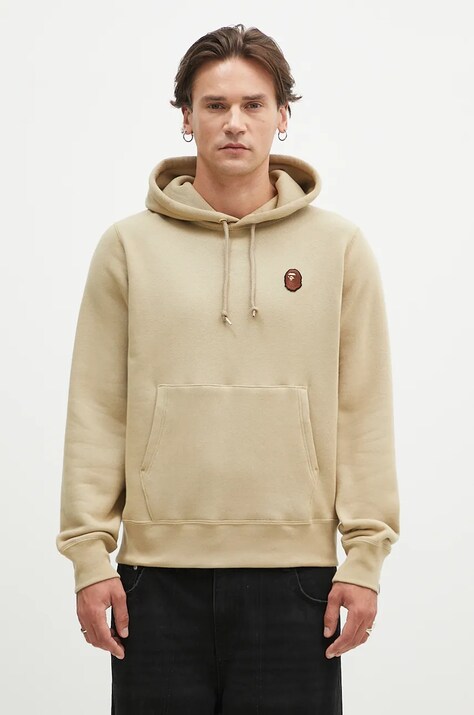 Хлопковая кофта A Bathing Ape One Point Pullover мужская цвет бежевый с капюшоном однотонная 1K80114007