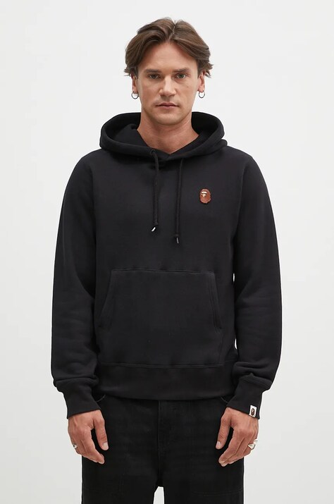 Хлопковая кофта A Bathing Ape One Point Pullover мужская цвет чёрный с капюшоном однотонная 1K80114007