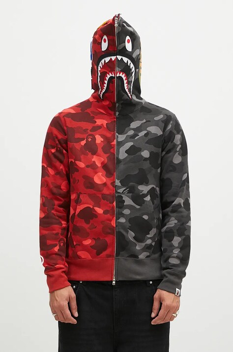 Βαμβακερή μπλούζα A Bathing Ape Color Camo Separate Shark Full Zip χρώμα: κόκκινο, με κουκούλα, 1K80115001