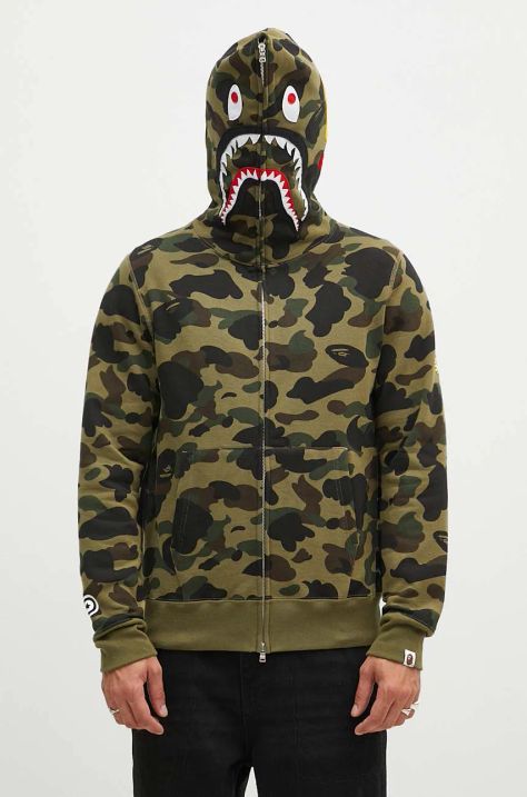 Памучен суичър A Bathing Ape 1St Camo 2Nd Shark Full Zip в зелено с качулка с десен 1K80115004