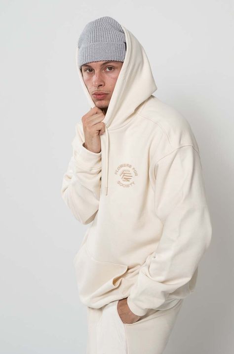 Bavlnená mikina Flowers for Society Basic Hoodie pánska, biela farba, s kapucňou, jednofarebná, FFSAPP095