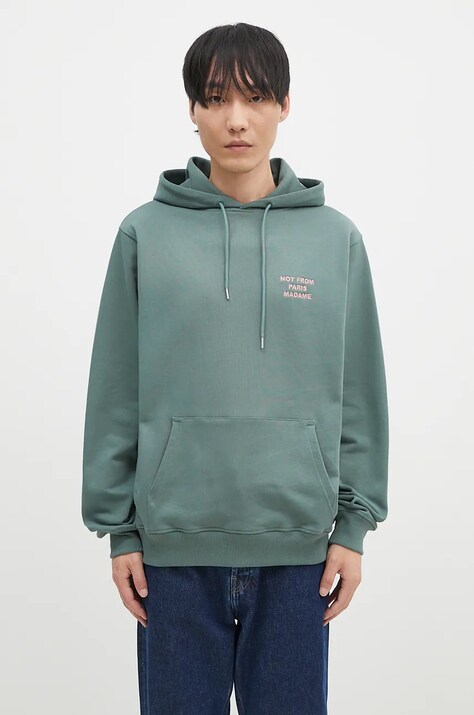 Bavlněná mikina Drôle de Monsieur Le Hoodie Slogan pánská, zelená barva, s kapucí, s aplikací, E-HO162-CO127-DGN