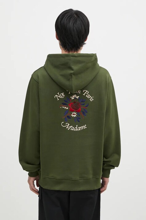 Drôle de Monsieur bluza bawełniana Le Hoodie Slogan Fleurs męska kolor zielony z kapturem z aplikacją E-HO169-CO127-KK