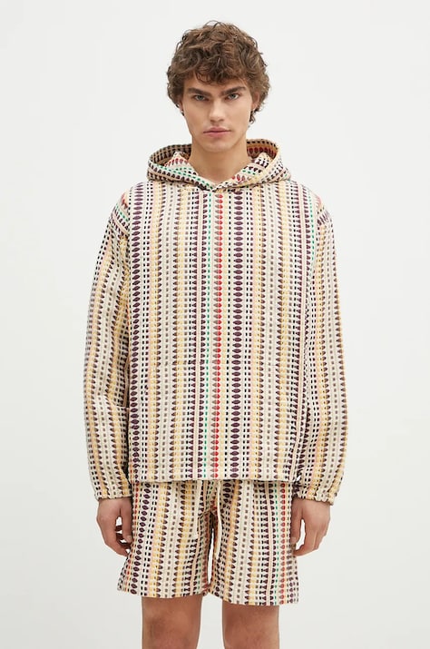 Бавовняна кофта PLEASURES Stitch Poncho Hoodie чоловіча колір бежевий з капюшоном візерунок P24F052