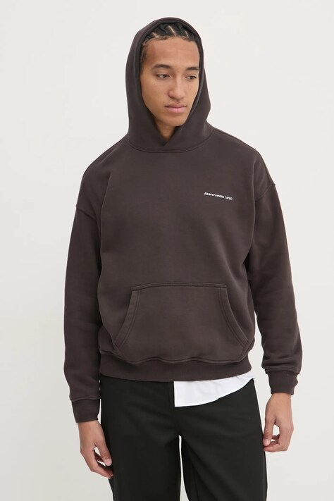 Суичър Abercrombie & Fitch в кафяво с качулка с изчистен дизайн KI122-4366