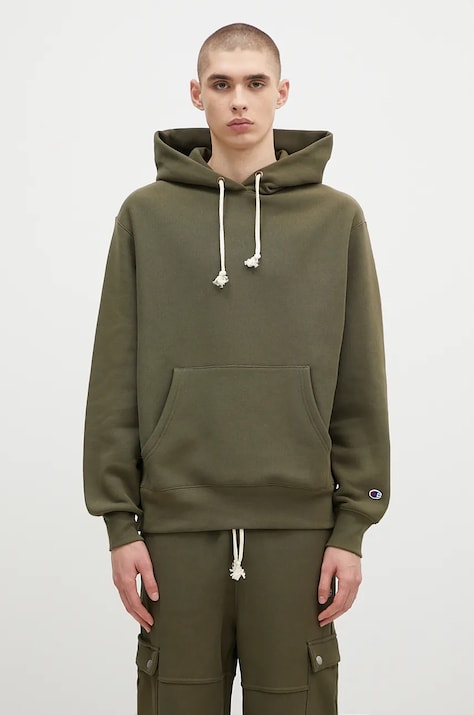 Кофта Champion Hooded Sweatshirt мужская цвет зелёный с капюшоном однотонная 220705