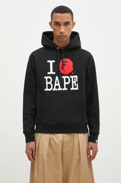 A Bathing Ape hanorac de bumbac I Love Bape Pullover barbati, culoarea negru, cu glugă, cu imprimeu, 1K80114005