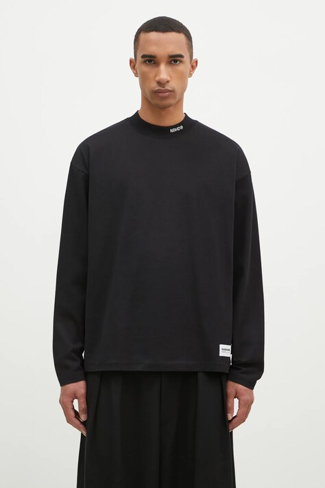 NEIGHBORHOOD longsleeve din bumbac ClaSSic Mockneck Longsleeve culoarea negru, neted, 242FPNH.CSM09