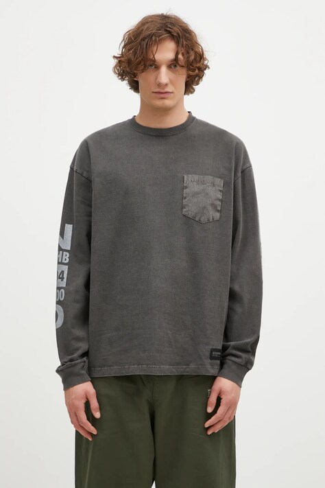 Bavlnené tričko s dlhým rukávom NEIGHBORHOOD Pigment Dyed Crewneck Longsleeve šedá farba, s potlačou, 242UNNH.CSM03