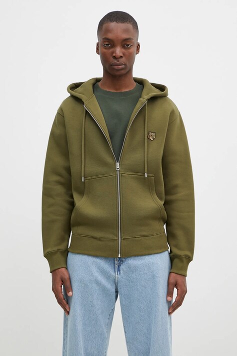 Maison Kitsuné hanorac de bumbac Bold Fox Head Patch barbati, culoarea verde, cu glugă, neted, MM00714KM0307