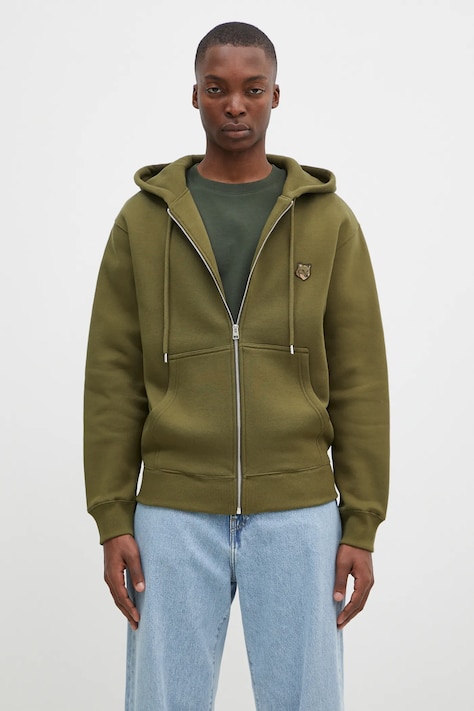 Бавовняна кофта Maison Kitsuné Bold Fox Head Patch чоловіча колір зелений з капюшоном однотонна MM00714KM0307