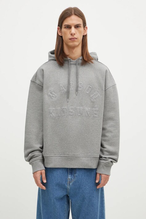 Хлопковая кофта Maison Kitsuné Varsity мужская цвет серый с капюшоном с аппликацией NM00702KM0326