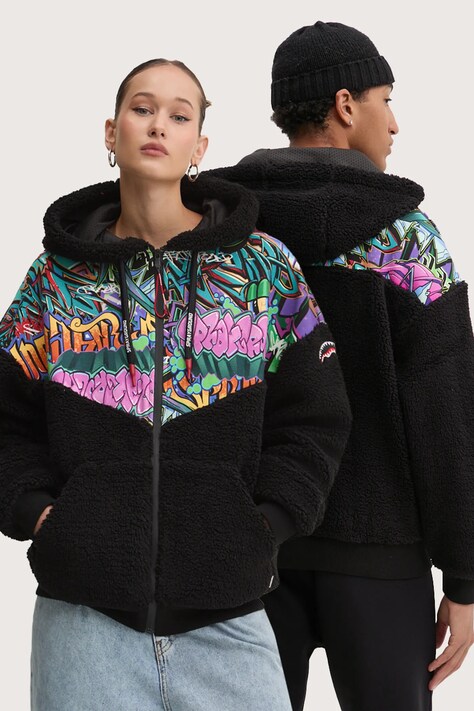Dukserica od flisa Sprayground boja: crna, s kapuljačom, s uzorkom, SP373