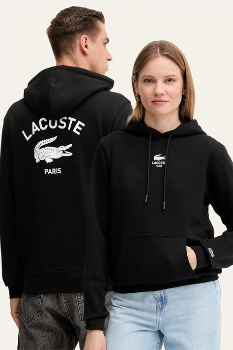 Памучен суичър Lacoste в тъмносиньо с качулка с принт SH2740