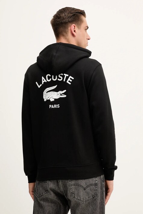 Lacoste bluza bawełniana kolor czarny z kapturem z nadrukiem SH2740