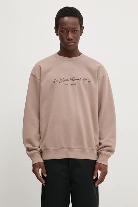 Sporty & Rich hanorac de bumbac NY Health Club culoarea bej, cu imprimeu, ST071512043BE05