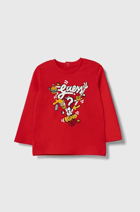 Dětské bavlněné tričko s dlouhým rukávem Guess červená barva, s potiskem, I4YI02 K8HM4