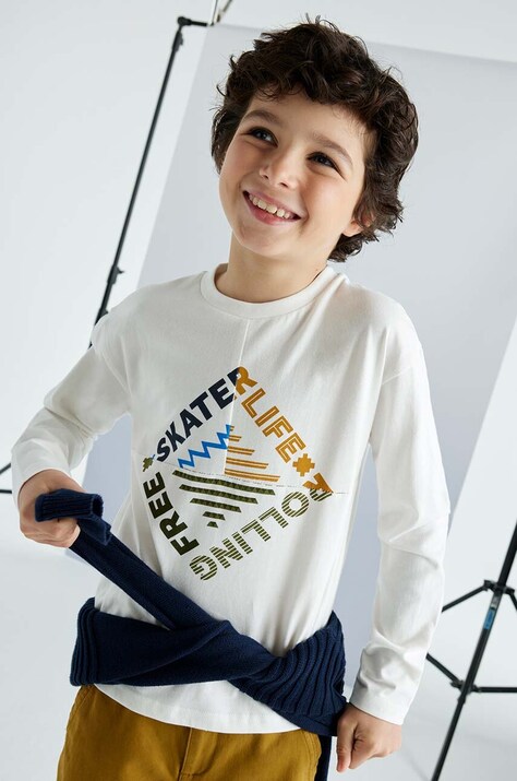 Mayoral longsleeve bawełniany dziecięcy kolor beżowy z nadrukiem 7086