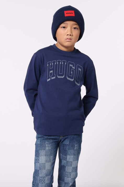 HUGO longsleeve bawełniany dziecięcy kolor granatowy z nadrukiem G00148