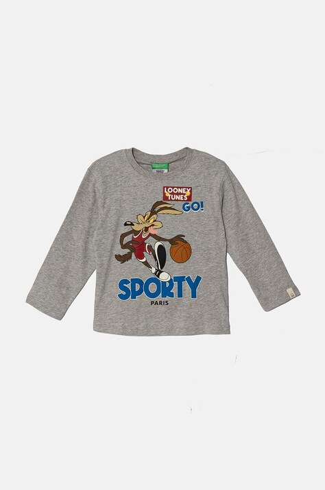 United Colors of Benetton longsleeve din bumbac pentru copii x Looney Tunes culoarea gri, cu imprimeu, 3ATNG10GY