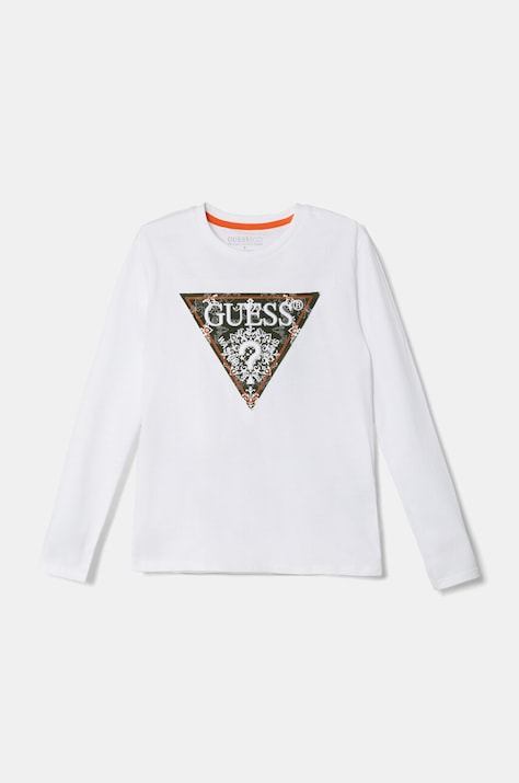 Детска блуза с дълги ръкави Guess в бяло с апликация L4BI04 I3Z14