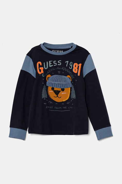 Guess longsleeve din bumbac pentru copii culoarea albastru marin, cu imprimeu, N4BI05 I3Z14