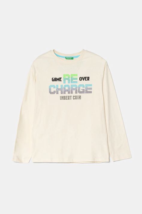 United Colors of Benetton longsleeve bawełniany dziecięcy kolor beżowy z nadrukiem 3EG9C10M6