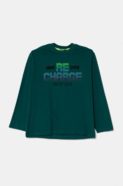 United Colors of Benetton longsleeve bawełniany dziecięcy kolor zielony z nadrukiem 3EG9C10M6