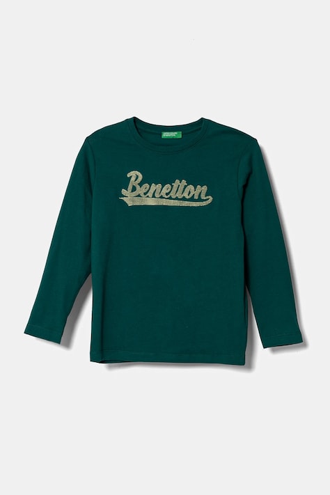 Дитячий бавовняний лонгслів United Colors of Benetton колір зелений з аплікацією 3ATNG10G1