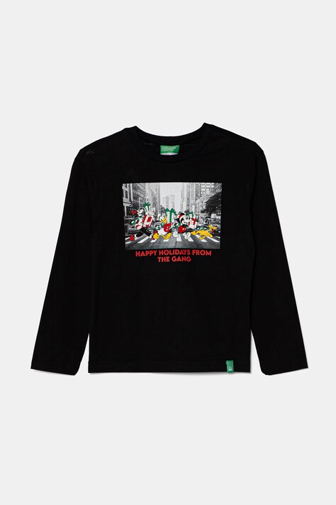 United Colors of Benetton longsleeve culoarea negru, cu imprimeu, 3ATNC10LE