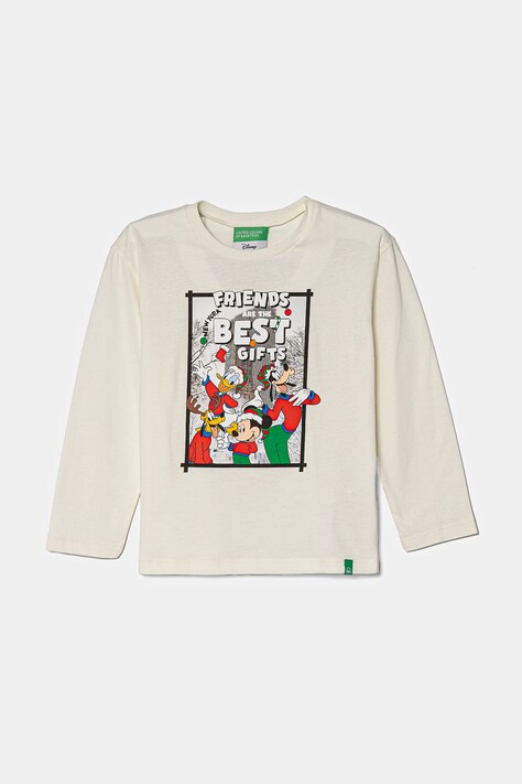 Dětské bavlněné tričko s dlouhým rukávem United Colors of Benetton béžová barva, s potiskem, 3ATNG10GP